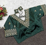 Women's Satin Embroidered Half sleeve V-Neck Padded Readymade Blouse (Dark Green, Size 38 - Self-Alterable 36�40)