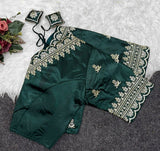 Women's Satin Embroidered Half sleeve V-Neck Padded Readymade Blouse (Dark Green, Size 38 - Self-Alterable 36�40)