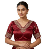 Women's Satin Embroidered Half sleeve V-Neck Padded Readymade Blouse (Maroon, Size 38 - Self-Alterable 36�40)