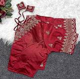 Women's Satin Embroidered Half sleeve V-Neck Padded Readymade Blouse (Maroon, Size 38 - Self-Alterable 36�40)