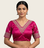 Women's Satin Embroidered Half sleeve V-Neck Padded Readymade Blouse (Pink, Size 38 - Self-Alterable 36�40)