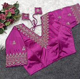Women's Satin Embroidered Half sleeve V-Neck Padded Readymade Blouse (Purple, Size 38 - Self-Alterable 36�40)