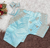 Women's Satin Embroidered Half sleeve V-Neck Padded Readymade Blouse (Sky Blue, Size 38 - Self-Alterable 36�40)