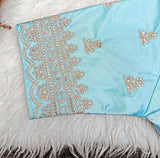 Women's Satin Embroidered Half sleeve V-Neck Padded Readymade Blouse (Sky Blue, Size 38 - Self-Alterable 36�40)