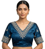 Women's Satin Embroidered Half sleeve V-Neck Padded Readymade Blouse (Teal, Size 38 - Self-Alterable 36�40)