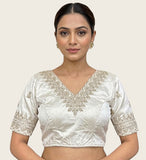 Women's Satin Embroidered Half sleeve V-Neck Padded Readymade Blouse (White, Size 38 - Self-Alterable 36�40)
