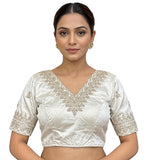 Women's Satin Embroidered Half sleeve V-Neck Padded Readymade Blouse (White, Size 38 - Self-Alterable 36�40)