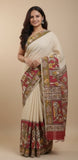 Beige linen Kalamkari printed saree with unstitched blouse piece, 5.5 meters length