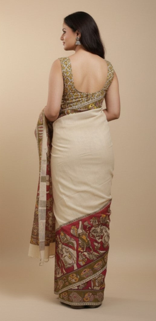Beige linen Kalamkari printed saree with unstitched blouse piece, 5.5 meters length