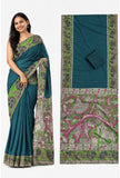 Teal linen Kalamkari printed saree with unstitched blouse piece, 5.5 meters length