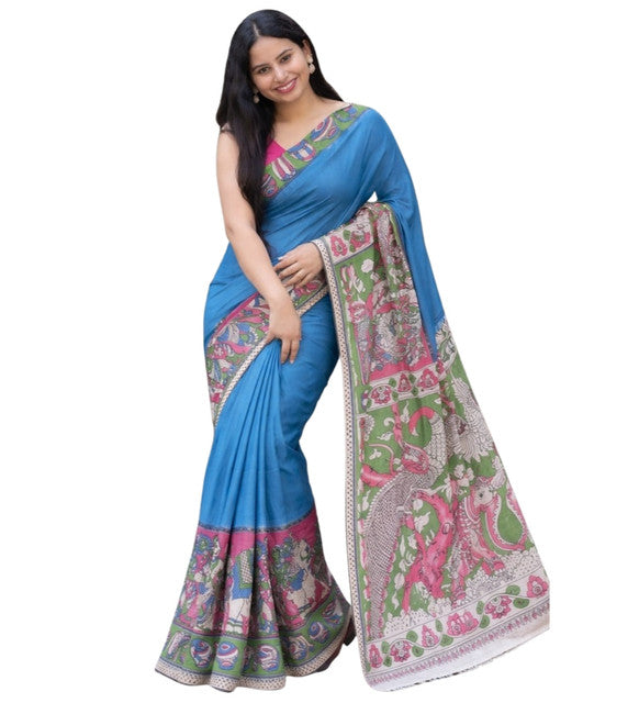 Blue linen Kalamkari printed saree with unstitched blouse piece, 5.5 meters length