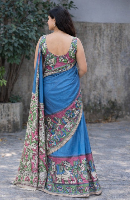 Blue linen Kalamkari printed saree with unstitched blouse piece, 5.5 meters length