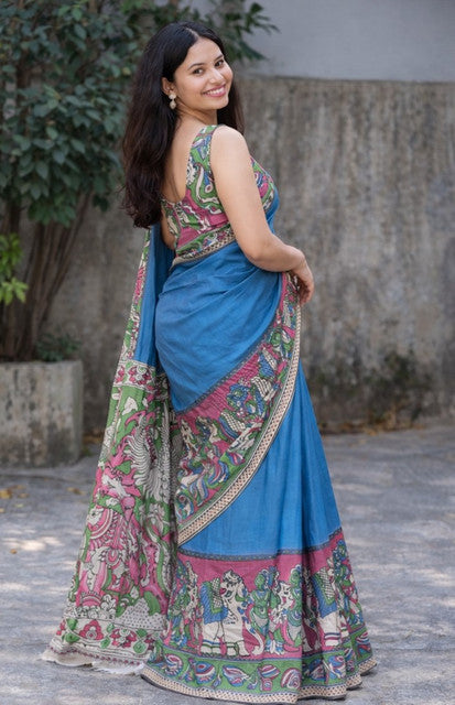 Blue linen Kalamkari printed saree with unstitched blouse piece, 5.5 meters length
