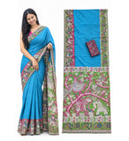 Blue linen Kalamkari printed saree with unstitched blouse piece, 5.5 meters length