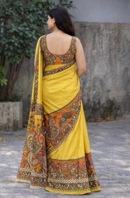Yellow linen Kalamkari printed saree with unstitched blouse piece, 5.5 meters length