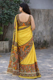 Yellow linen Kalamkari printed saree with unstitched blouse piece, 5.5 meters length