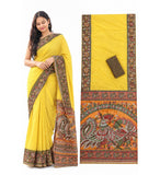 Yellow linen Kalamkari printed saree with unstitched blouse piece, 5.5 meters length