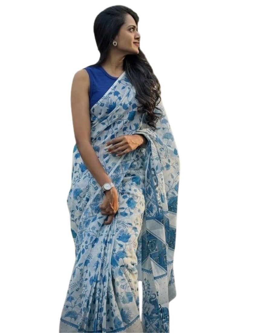 White and blue linen saree with floral print and unstitched blouse piece, 5.5 meters length