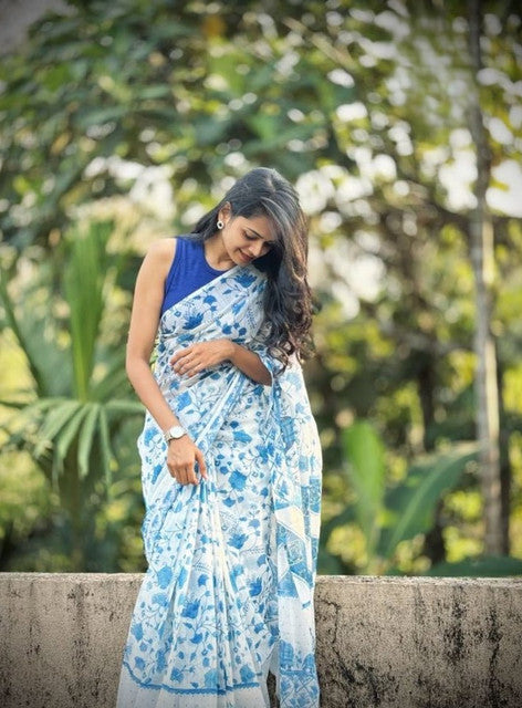 White and blue linen saree with floral print and unstitched blouse piece, 5.5 meters length