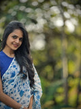 White and blue linen saree with floral print and unstitched blouse piece, 5.5 meters length