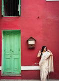 Cream linen printed saree with unstitched blouse piece, 5.5 meters length, traditional Indian wear