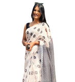 White linen floral printed saree with unstitched blouse piece, 5.5 meters length