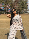 White linen floral printed saree with unstitched blouse piece, 5.5 meters length