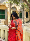 Red-orange linen floral printed saree with unstitched blouse piece, 5.5 meters length