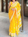 Yellow linen floral printed saree with unstitched blouse piece, 5.5 meters length