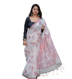 White and red linen saree featuring paisley print with unstitched blouse piece, 5.5 meters length