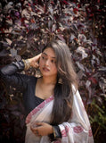 White and red linen paisley printed saree with unstitched blouse piece, 5.5 meters length