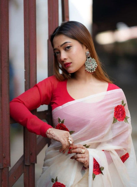 White and red linen floral printed saree with unstitched blouse piece, 5.5 meters length