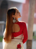White and red linen floral printed saree with unstitched blouse piece, 5.5 meters length