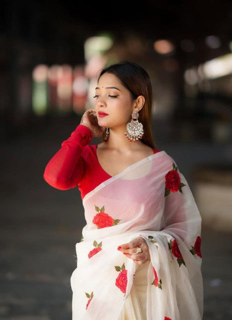 White and red linen floral printed saree with unstitched blouse piece, 5.5 meters length