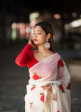 White and red linen floral printed saree with unstitched blouse piece, 5.5 meters length
