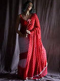 White and red printed linen saree with unstitched blouse piece, 5.5 meters length