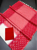 White and red printed linen saree with unstitched blouse piece, 5.5 meters length