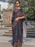 Black linen floral printed saree with unstitched blouse piece, 5.5 meters length