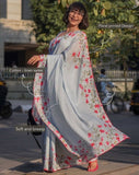Grey linen floral printed saree with unstitched blouse piece, 5.5 meters length