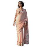 Peach linen floral printed saree with unstitched blouse piece, 5.5 meters length
