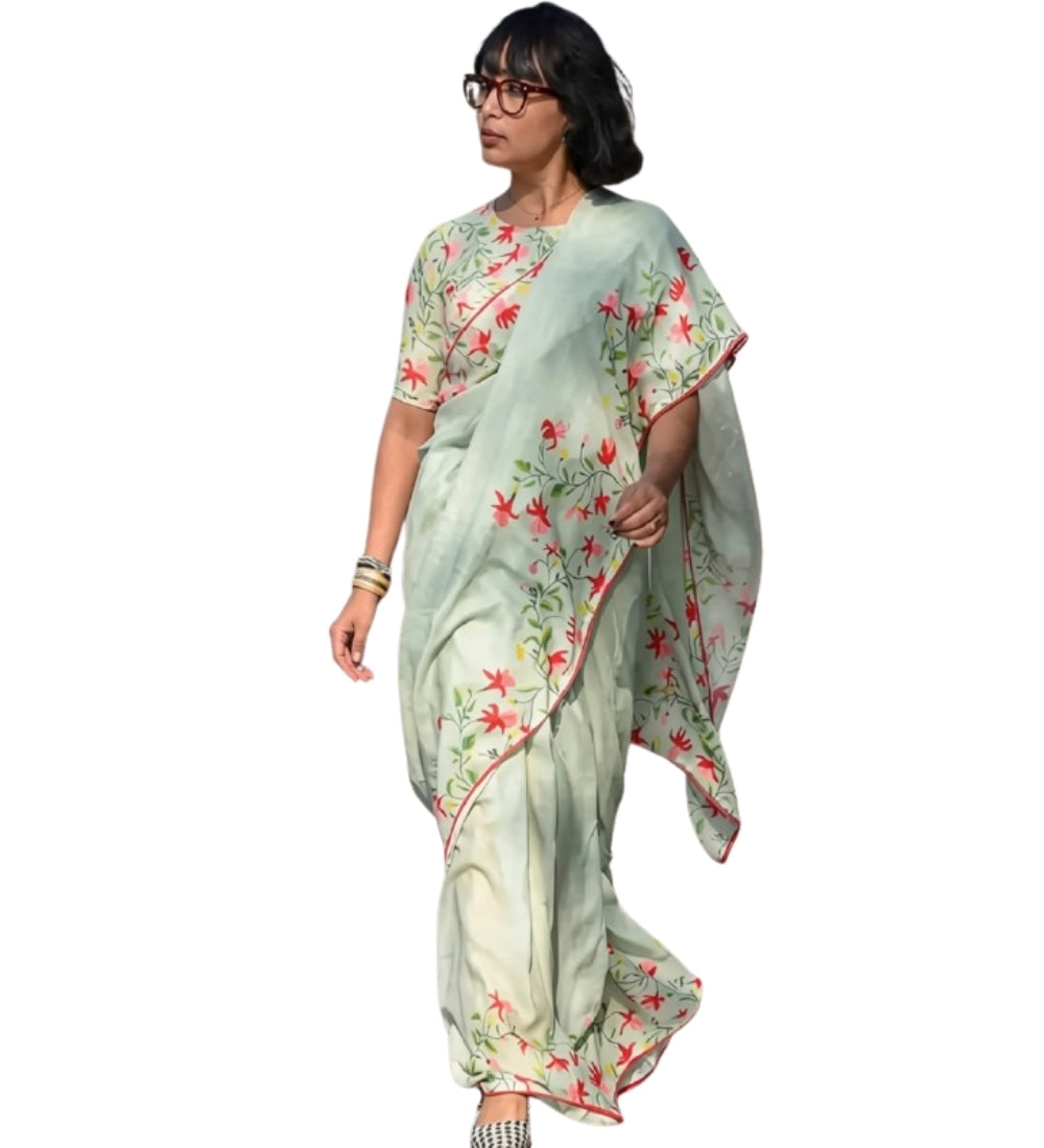 Light green linen saree with floral print and unstitched blouse piece, 5.5 meters length