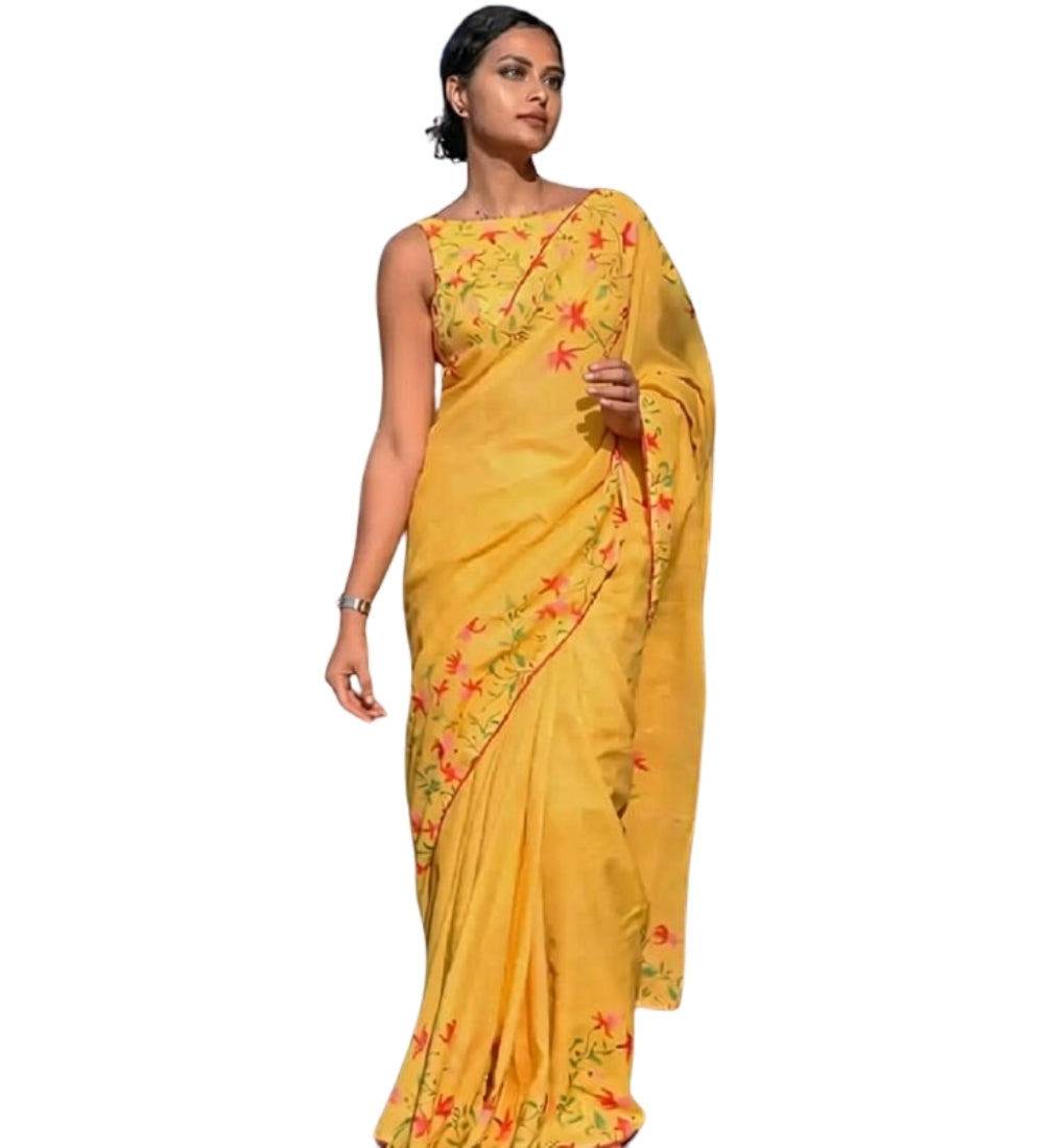 Yellow linen floral printed saree with unstitched blouse piece, 5.5 meters length