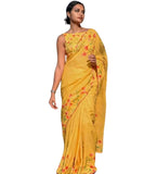 Yellow linen floral printed saree with unstitched blouse piece, 5.5 meters length