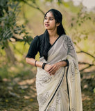 White and black linen floral printed saree with unstitched blouse piece, 5.5 meters length