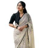 White and black linen floral printed saree with unstitched blouse piece, 5.5 meters length