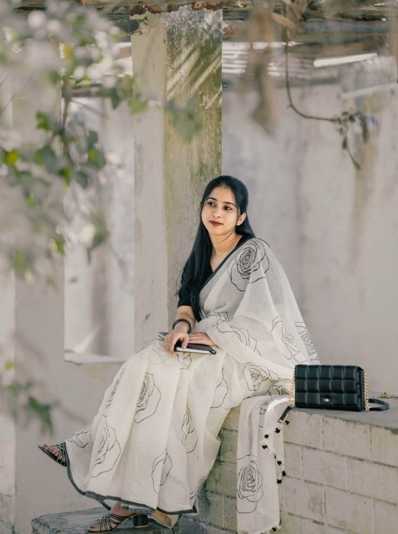 White and black linen floral printed saree with unstitched blouse piece, 5.5 meters length