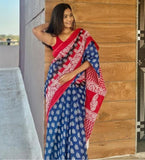 Blue and red printed linen saree with unstitched blouse piece, 5.5 meters length