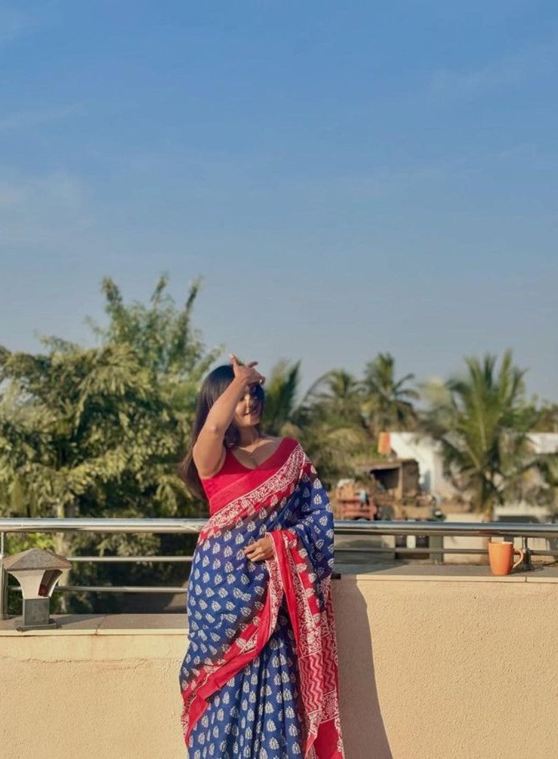 Blue and red printed linen saree with unstitched blouse piece, 5.5 meters length