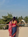 Blue and red printed linen saree with unstitched blouse piece, 5.5 meters length