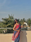 Blue and red printed linen saree with unstitched blouse piece, 5.5 meters length